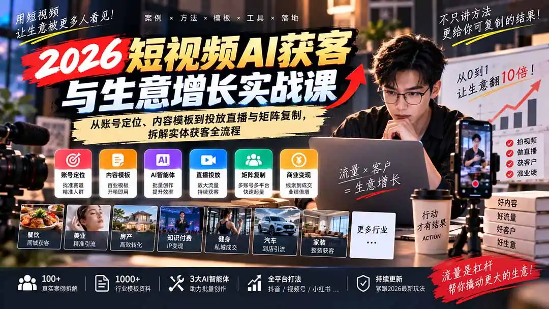 《2026短视频AI获客全案：百业模板+智能体，批量复制生意翻倍》-猴哥资源站