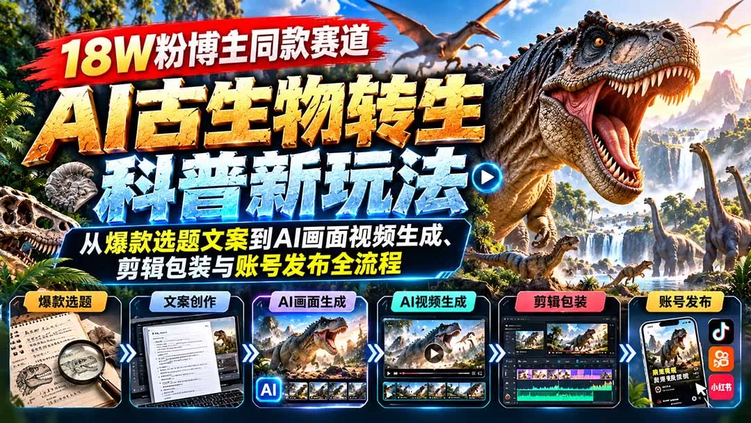 《AI古生物转生科普，零基础日更爆款短视频全攻略》-猴哥资源站