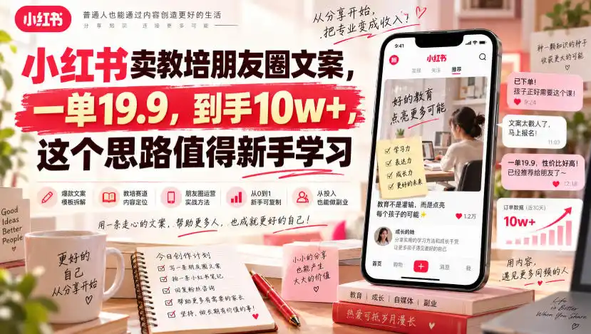 《小红书教培朋友圈文案，一单19.9元卖出5000+份，零成本副业细水长流》-猴哥资源站
