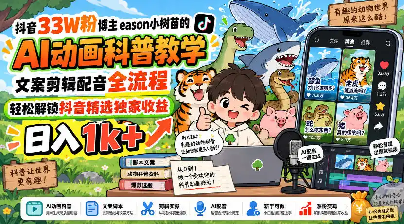 《AI动画科普全流程拆解，33W粉博主带你日入1k+》-猴哥资源站