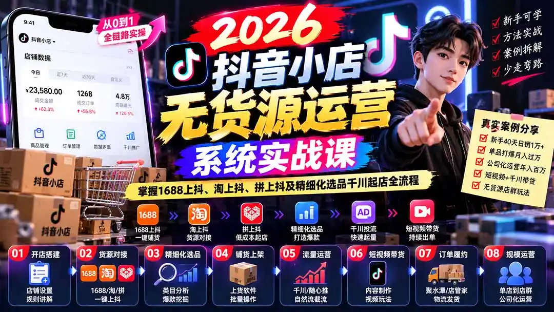 《抖店无货源全链路实战：从0起店到千川放大，单人单店也能跑通》-猴哥资源站