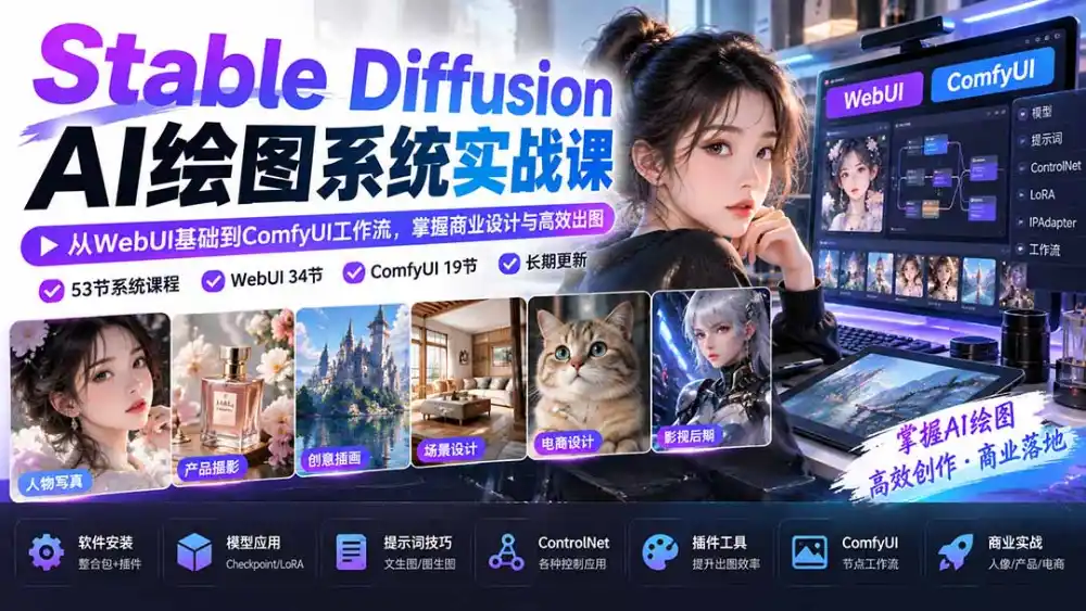 《53节AI绘图实战，WebUI+ComfyUI双系统商业出图全攻略》-猴哥资源站