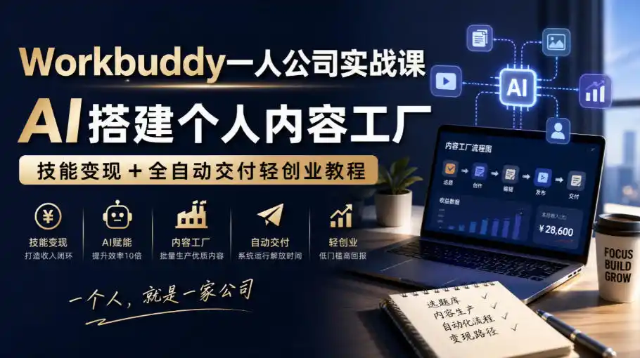 《一人公司AI实战：Workbuddy搭建内容工厂，技能变产品全自动交付》-猴哥资源站