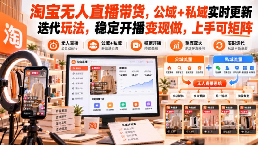《淘宝无人直播全自动挂机，一台电脑搭日不落直播间稳定变现》-猴哥资源站