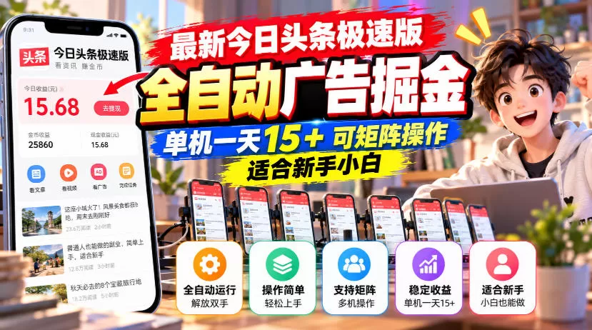 《头条极速版全自动挂机掘金，单机日入15+矩阵放大新手可做》-猴哥资源站