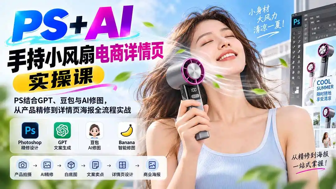 《AI修图+PS实操，零基础做出爆款小风扇详情页的完整攻略》-猴哥资源站