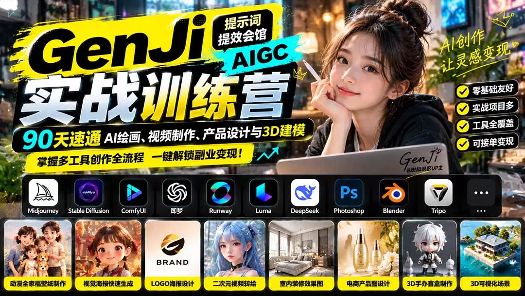 《AI绘画+视频+3D全栈实战，零基础接单变现全攻略》-猴哥资源站