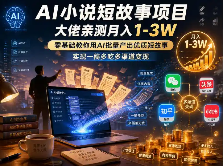 《AI短故事零基础批量变现，一稿多吃月入1-3W全套实操攻略》-猴哥资源站
