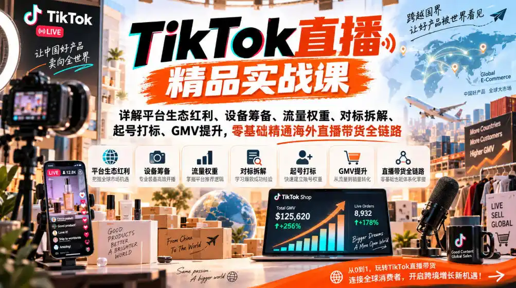 《TikTok海外直播全链路实战，零基础起号打标+GMV倍增攻略》-猴哥资源站