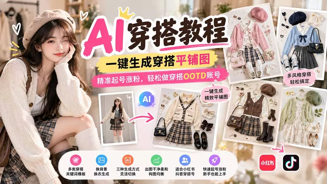 《AI一键生成平铺OOTD，零成本日更穿搭图文快速起号涨粉》-猴哥资源站