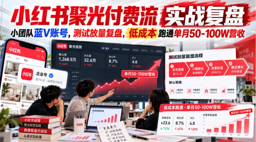 《小红书聚光付费流：小团队蓝V单月50-100W实战复盘》-猴哥资源站
