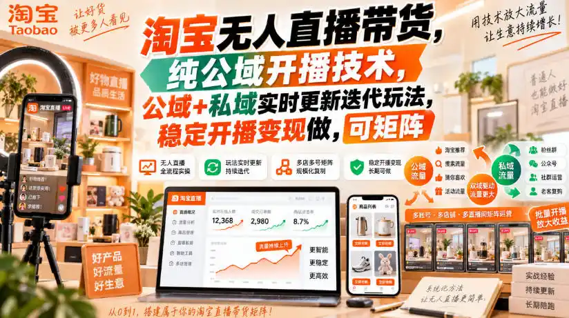 《淘宝无人直播带货，一台电脑搭建日不落直播间，纯公域稳定变现》-猴哥资源站