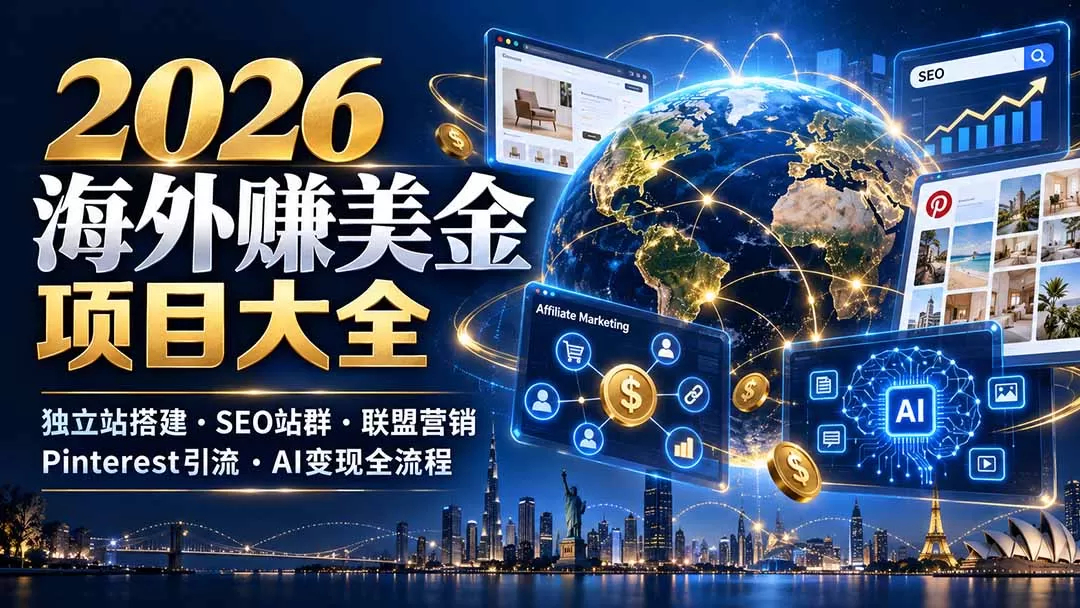 《2026海外赚美金项目大全：23套独立站+AI变现实战体系，零基础可复制》-猴哥资源站