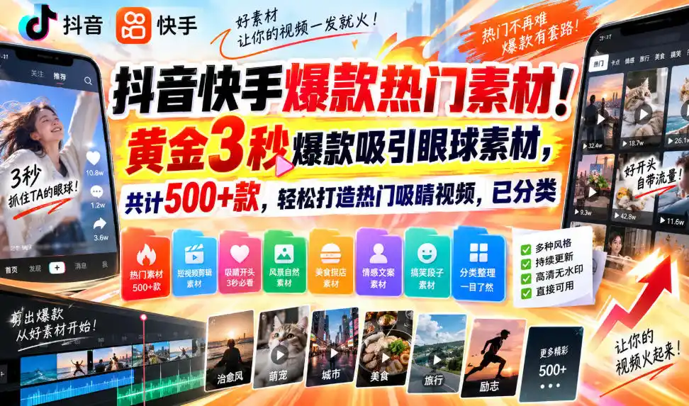 《抖音快手500+爆款素材库，黄金3秒开头直接套用，新手也能轻松上热门》-猴哥资源站