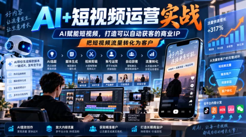 AI+短视频运营实战,AI赋能短视频,打造可以自动获客的商业IP,把短视频流量转化为客户