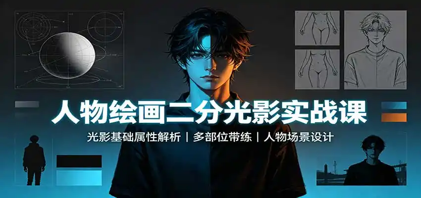 《人物绘画二分光影系统课：从黑白关系到氛围感，一整套实战带练全拆解》-猴哥资源站