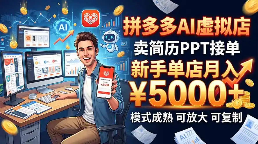 《拼多多AI代写小店，不囤货不发货，接单转写手赚差价》-猴哥资源站