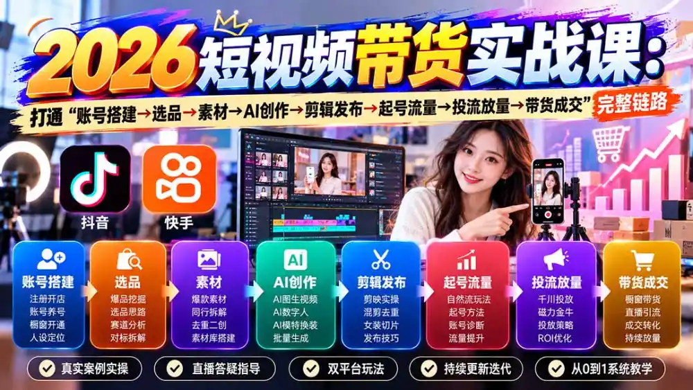 《抖音快手双平台AI短视频带货，自然流+投流全套实战》-猴哥资源站
