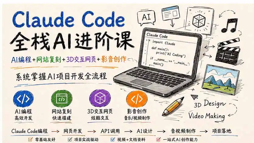 《AI编程+网页开发+影音创作全覆盖，零基础跑通全栈AI项目实战》-猴哥资源站