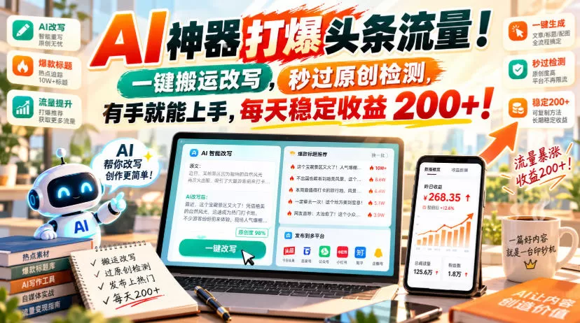 AI神器打爆头条流量，一键搬运改写，秒过原创检测，有手就能上手，每天稳定收益200+！【揭秘】-猴哥资源站