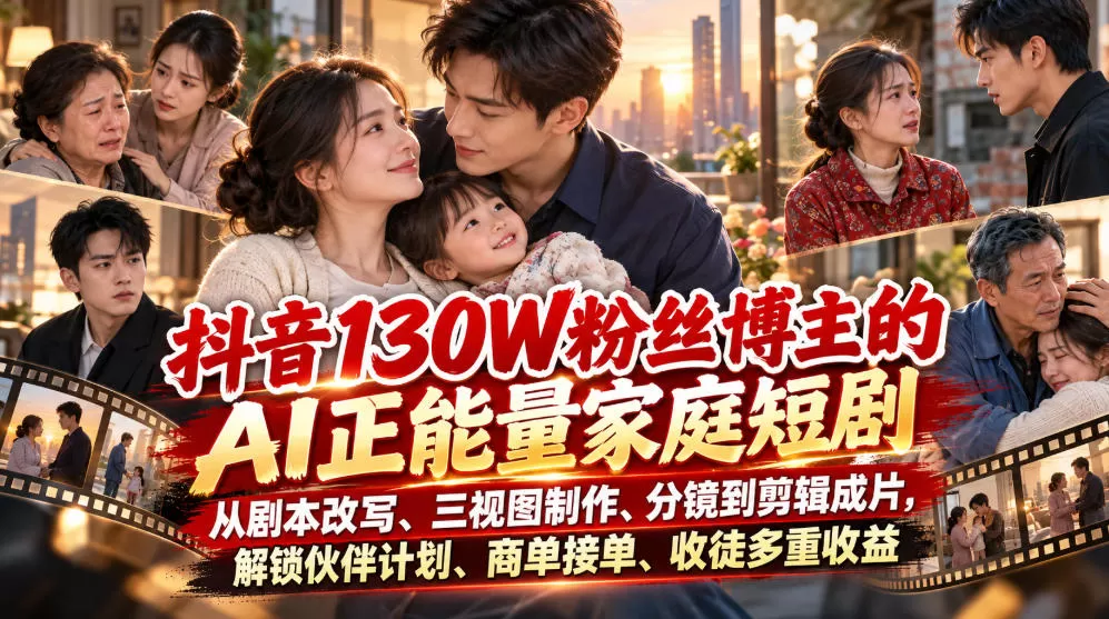 《130W粉博主AI家庭短剧实战，三视图分镜+多重变现全攻略》-猴哥资源站