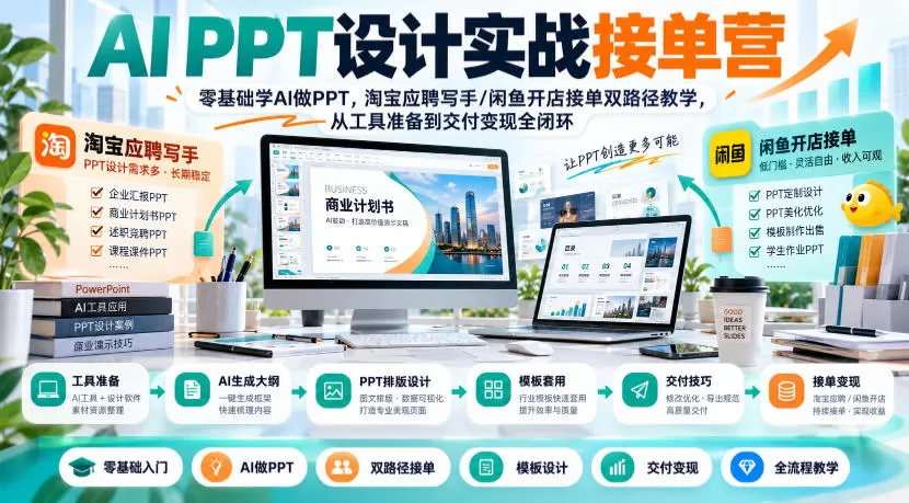 《零基础AI做PPT接单，淘宝闲鱼双路径变现，21天跑通全闭环》-猴哥资源站
