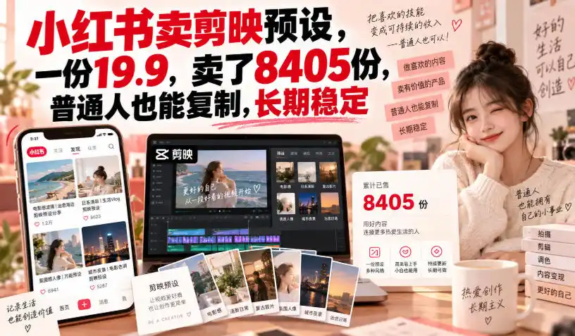 《小红书卖剪映预设，19.9元狂销8405份，零基础挂机变现》-猴哥资源站