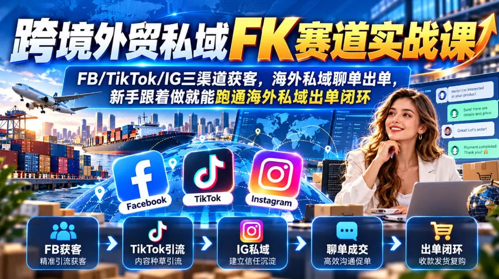 《跨境外贸私域实战：FB/TikTok/IG三渠道获客+聊单成交全链路》-猴哥资源站
