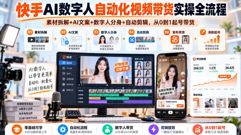 《快手AI数字人带货全流程：不出镜批量出片，从0到1起号实操》-猴哥资源站