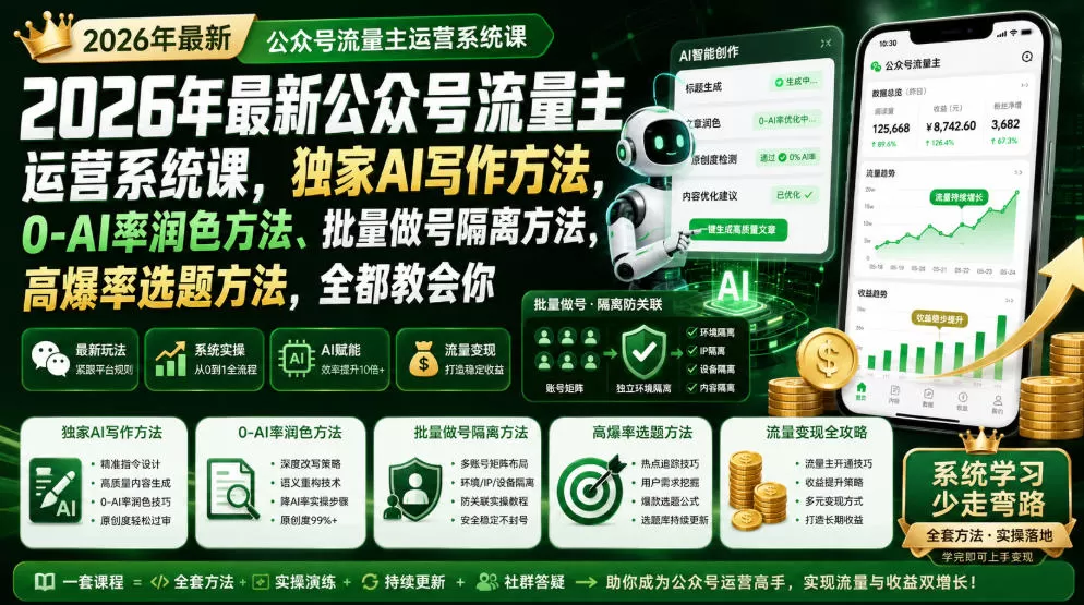 《2026公众号流量主AI全自动运营,批量做号+独家降AI率,小白轻松起号》-猴哥资源站