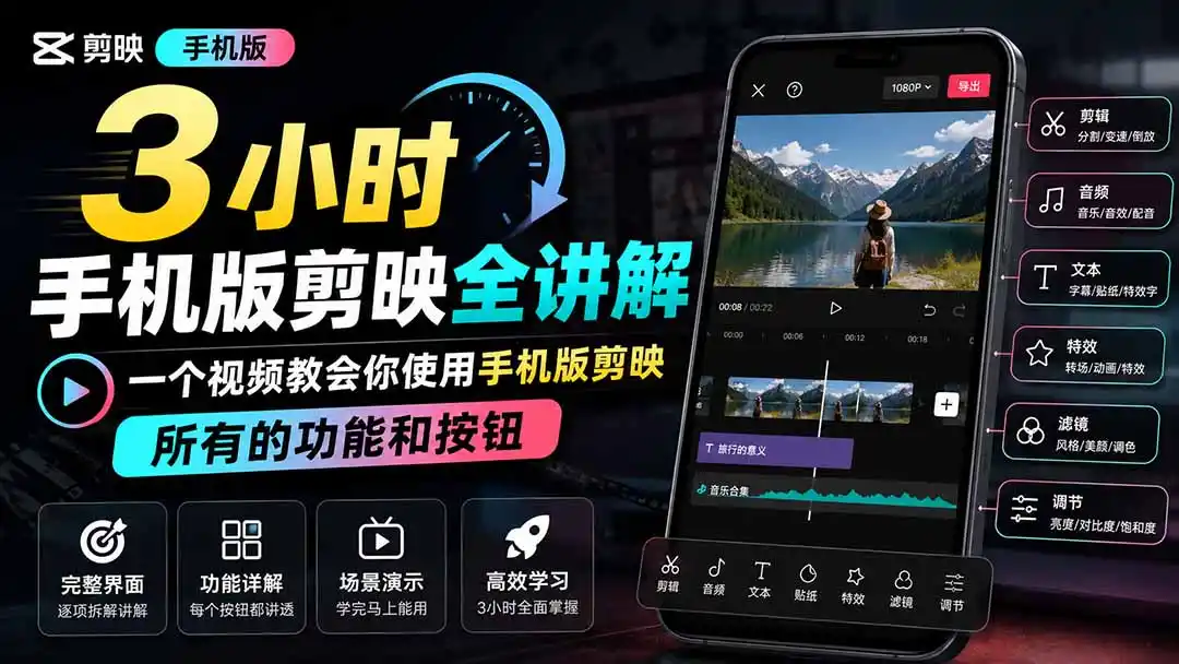 3小时手机版剪映全讲解，一个视频教会你使用手机版剪映，所有的功能和按钮-猴哥资源站