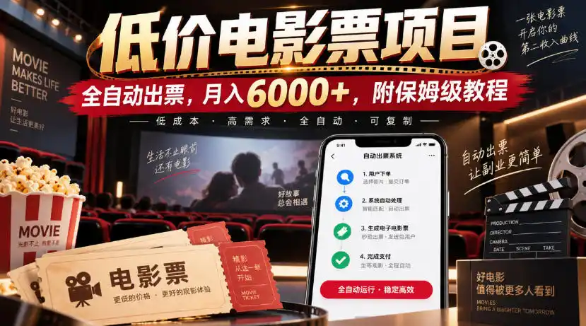 《低价电影票全自动出票项目，零门槛月入6000+，保姆级实操攻略》-猴哥资源站
