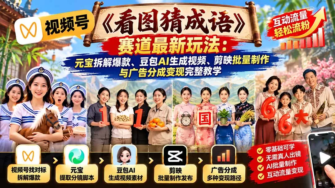 《AI看图猜成语短视频，不出镜批量做号赚分成》-猴哥资源站