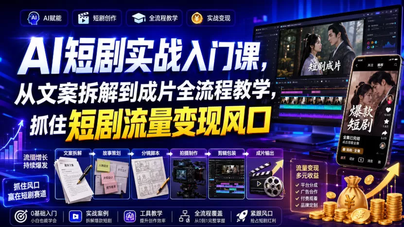 AI短剧实战入门课，从文案拆解到成片全流程教学，抓住短剧流量变现风口-猴哥资源站