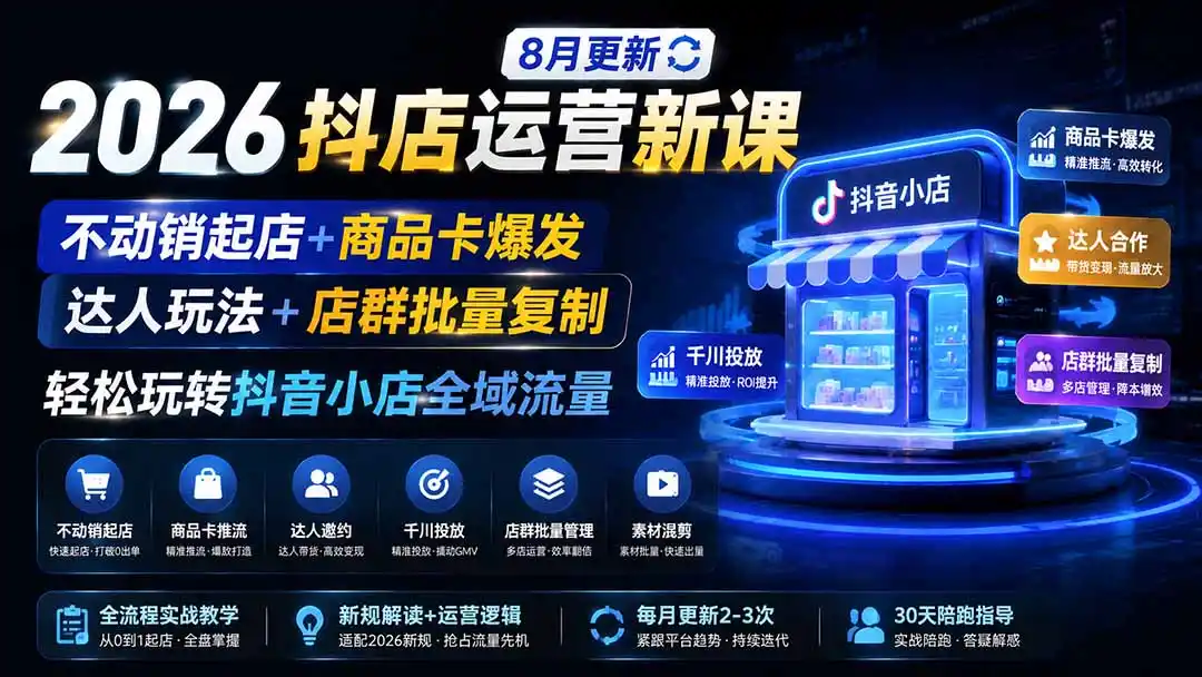 《2026抖店三频共振实战：零基础批量起店，商品卡达人千川全链路变现》-猴哥资源站