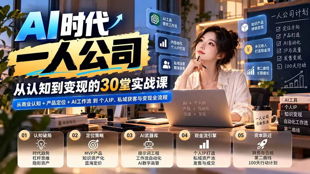 《AI一人公司30天实战：从认知到变现，搭建高杠杆副业体系》-猴哥资源站