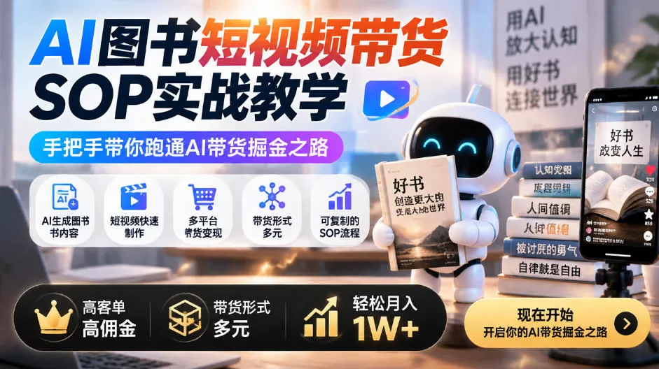 《AI图书短视频带货，零基础日更10条，佣金50%月入1W+》-猴哥资源站