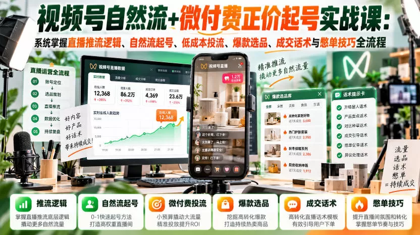 《视频号自然流+微付费起号，14节正价商品直播实战全拆解》-猴哥资源站