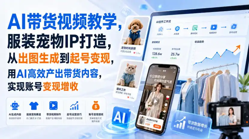 AI带货视频教学，服装宠物IP打造，从出图生成到起号变现，用AI高效产出带货内容，实现账号变现增收-猴哥资源站