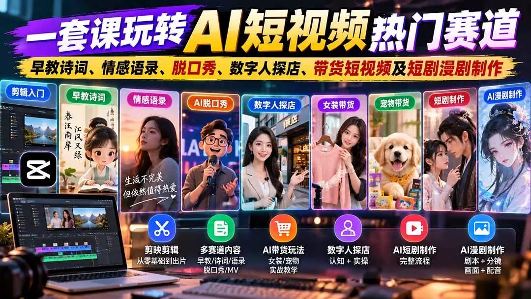 《AI短视频全玩法实操：从剪辑到带货到漫剧，零基础全套落地攻略》-猴哥资源站
