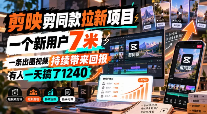 《剪映模板拉新全攻略：一条视频持续分佣，零剪辑日入1240》-猴哥资源站