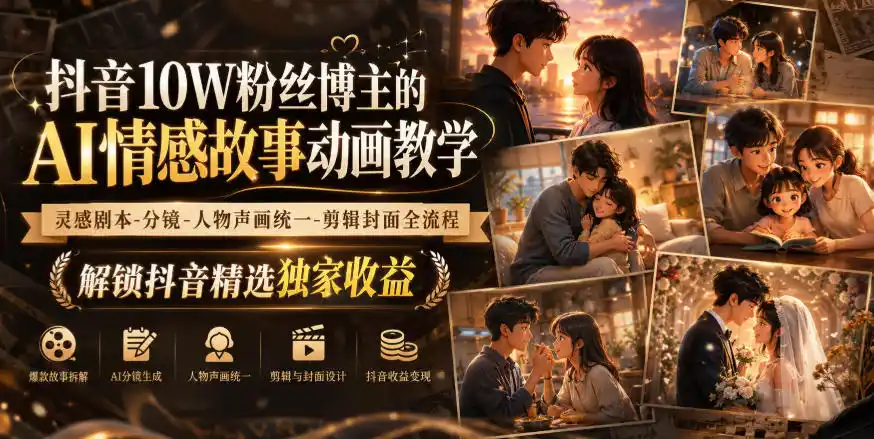 《AI情感故事动画全流程实操，解锁抖音精选独家收益》-猴哥资源站