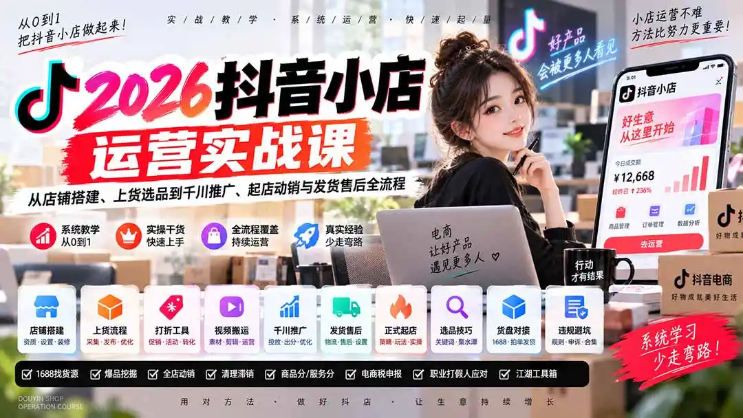 《抖音小店全流程实战：从搭店到起店放量，新手也能跑通日销稳定变现》-猴哥资源站
