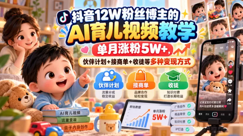 《AI育儿短视频实战：零出镜批量起号，伙伴计划+商单+收徒全打通》-猴哥资源站