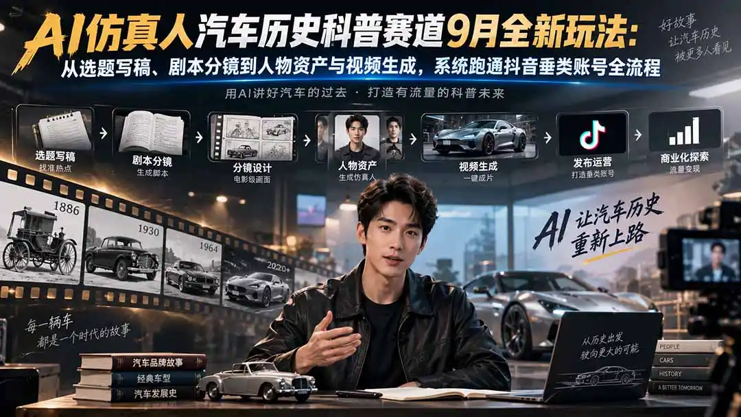 《AI仿真人做汽车历史科普，零基础批量出片稳定变现》-猴哥资源站