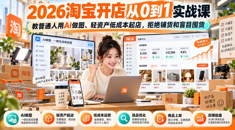 《2026淘宝开店从0到1，AI做图+轻资产起店，新手避坑全攻略》-猴哥资源站