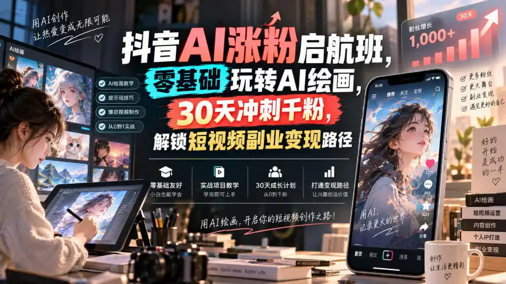 《抖音AI涨粉启航班：零基础玩转AI绘画，30天冲刺千粉变现》-猴哥资源站