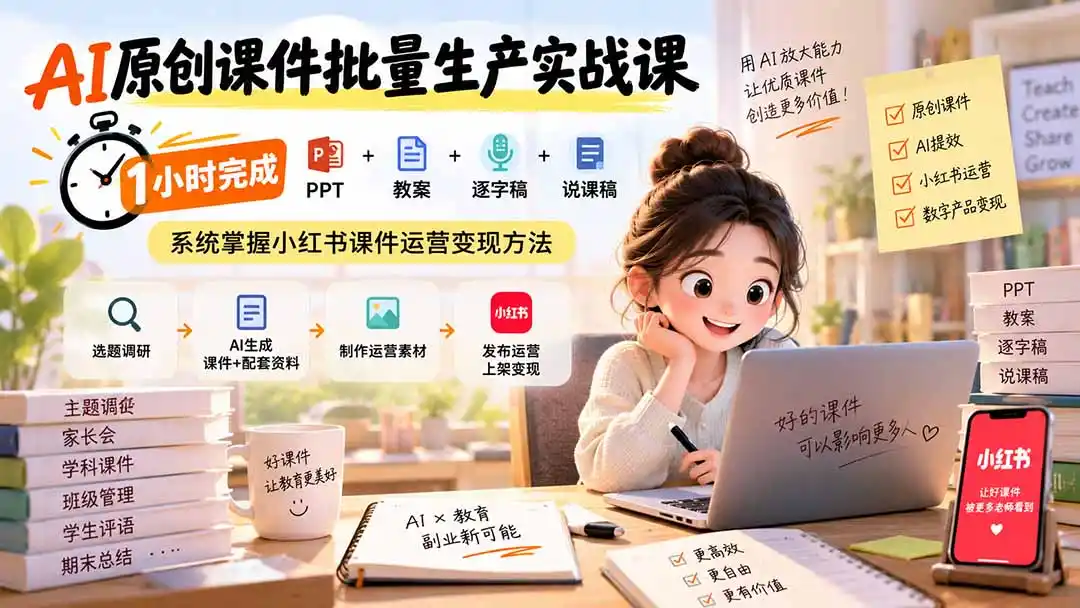 《AI课件变现全流程，零基础日更30天小红书素材，一单79.9元》-猴哥资源站