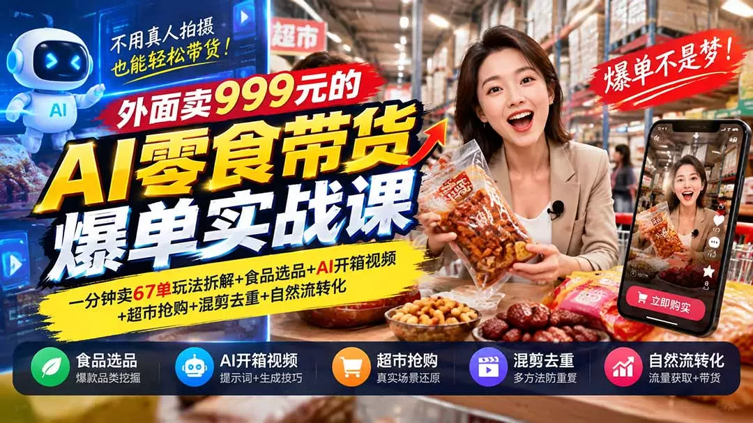 《AI零食带货新玩法：零真人出镜，批量生成爆款视频》-猴哥资源站