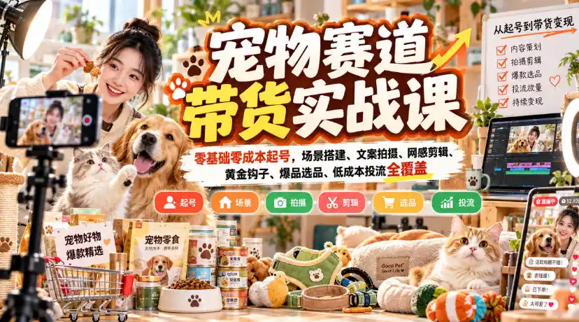 《零粉起号+黄金钩子，宠物带货全阶实战体系，新手也能稳定出单》-猴哥资源站
